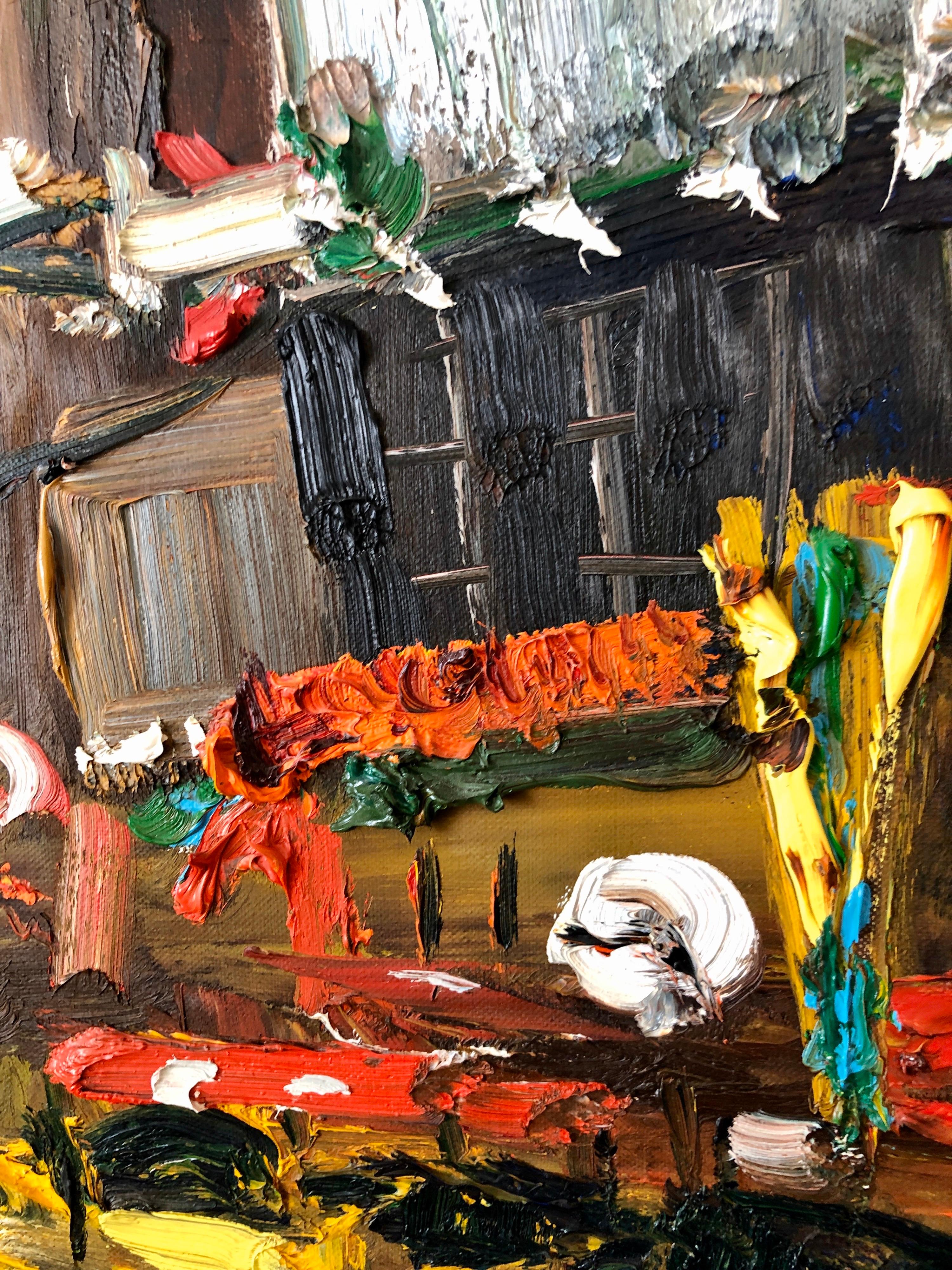 Vibrante New York Times Square, pittura ad olio figurativa espressionista astratta - Abstract Painting Marrone di Simon Gaon 