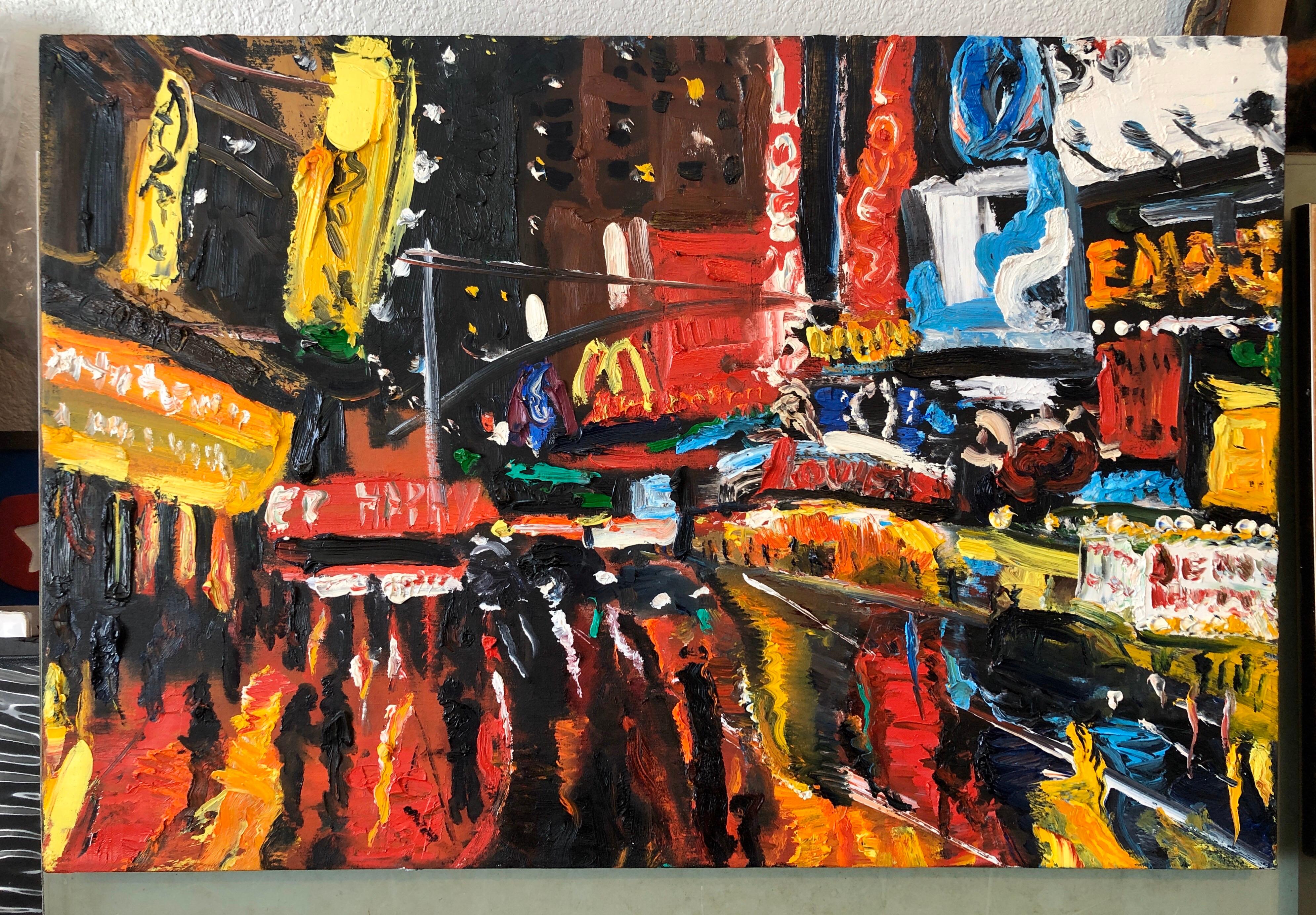 Vibrante New York Times Square, pittura ad olio figurativa espressionista astratta - Abstract Painting Nero di Simon Gaon 