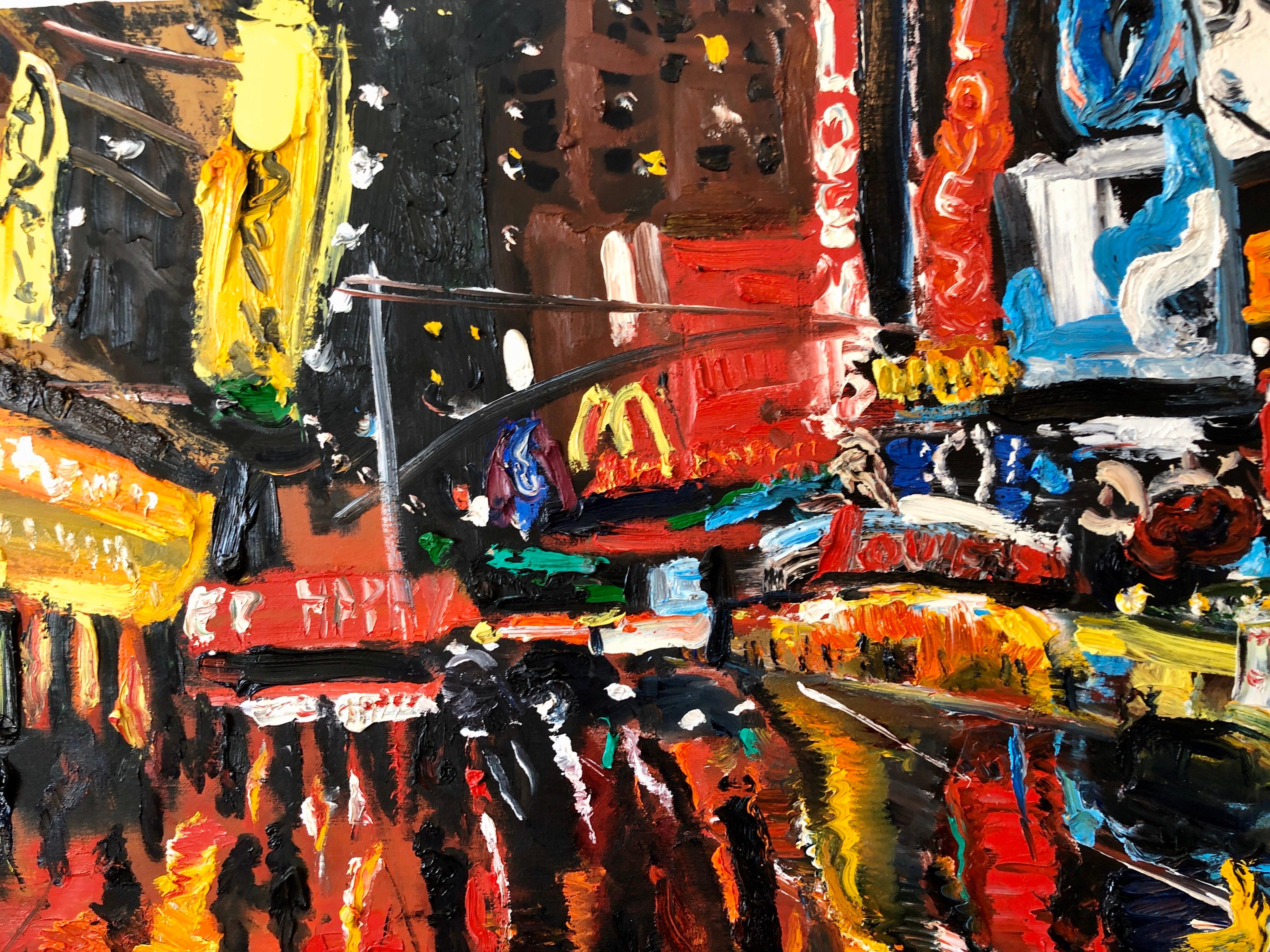 Vibrant New York City Times Square, Figural Abstract Expressionist Oil Painting - Black Abstract Painting by Simon Gaon 