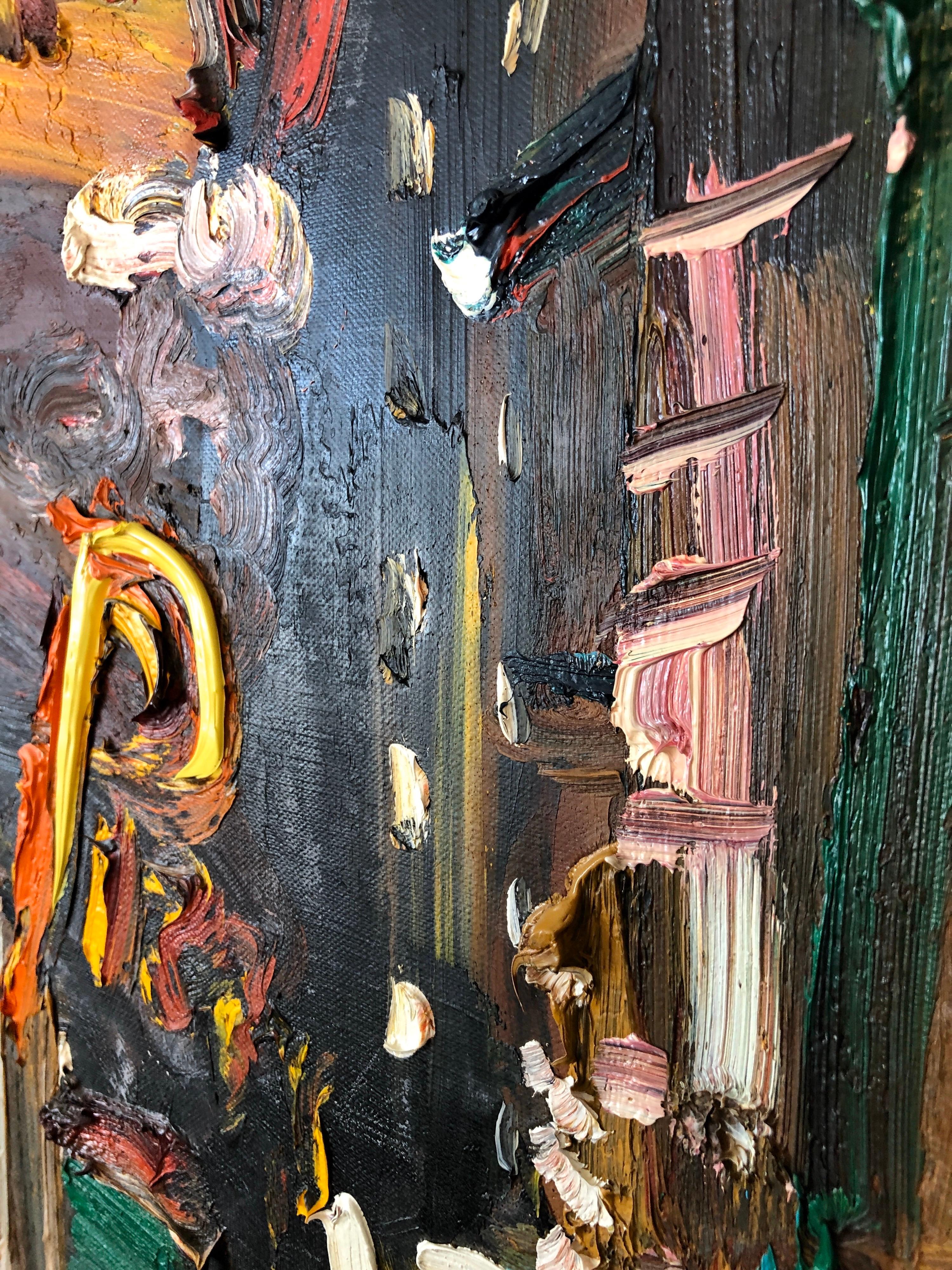 Simon Gaon (nato nel 1943) è un pittore americano, espressionista e action painter. 
Si tratta di un dipinto a olio a impasto spesso, con molta consistenza e colore. Questa è una scena notturna di Midtown Manhattan, Times Square, 42esima strada, New