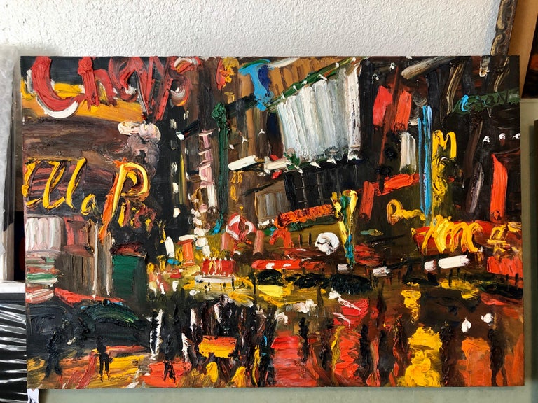 Vibrant New York City Times Square, Figural Abstract Expressionist Oil Painting For Sale 4