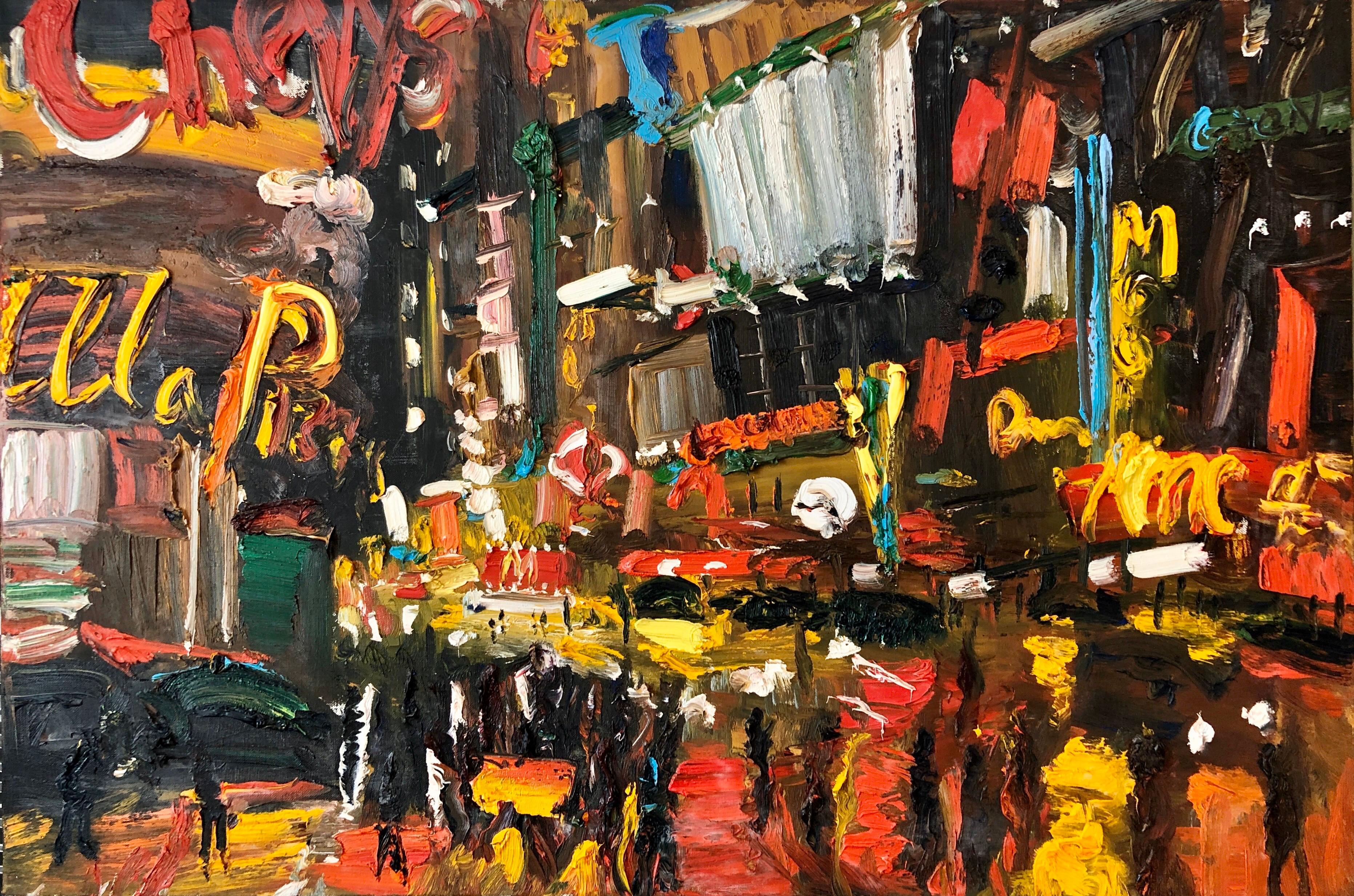 Vibrant New York City Times Square, Figural Abstract Expressionist Oil Painting
