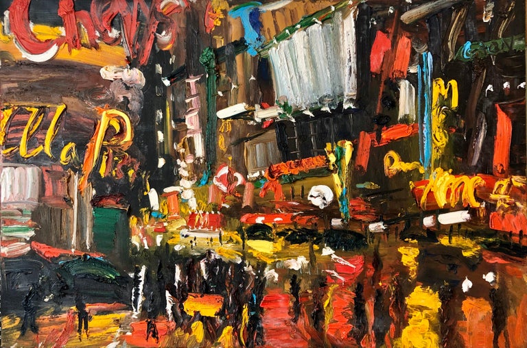 Simon Gaon  Figurative Painting - Vibrant New York City Times Square, Figural Abstract Expressionist Oil Painting
