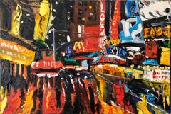 Vibrant New York City Times Square, Figural Abstract Expressionist Oil Painting