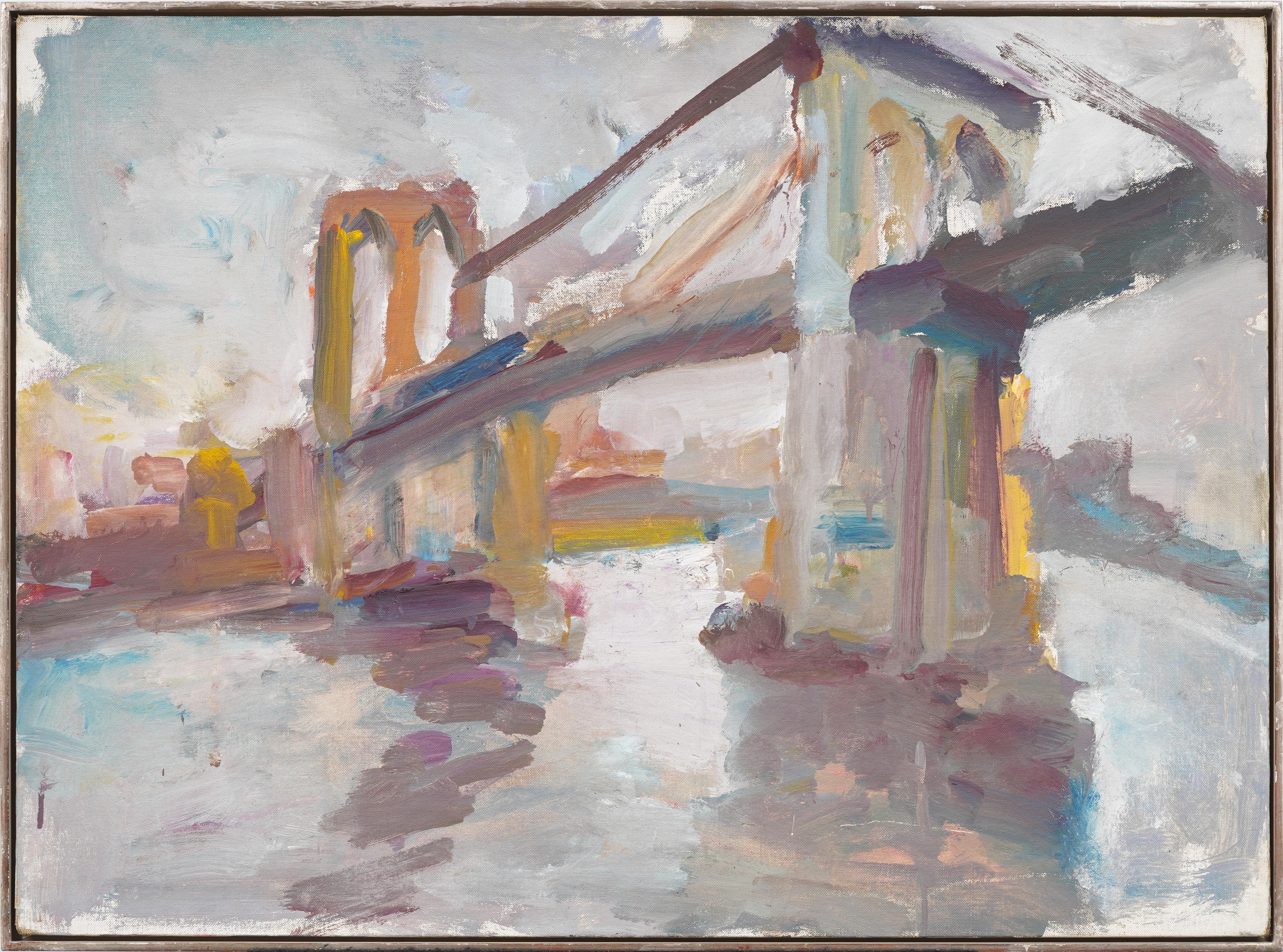 Simon Gaon  Landscape Painting - Vintage American New York City Bridge Cityscape