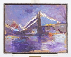 Vintage American Nocturnal New York City Bridge Cityscape