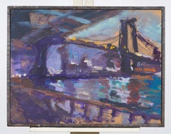 Vintage American Nocturnal New York City Bridge Cityscape