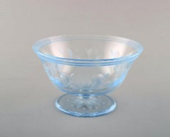 Simon Gate for Orrefors, Art Deco Bowl on Foot in Satin-Cut Light Blue Art Glass