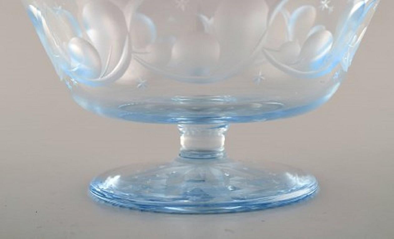 Swedish Simon Gate for Orrefors, Art Deco Bowl on Foot in Satin-Cut Light Blue Art Glass