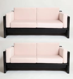 Simon Gavina Black Lacquer Sofa Sette Pink Velvet, Italy, 1970s