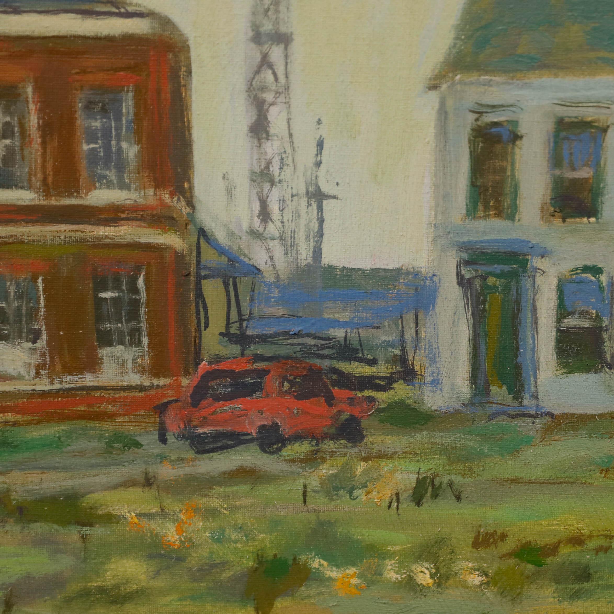 Simon Goldberg (1916-2002) - 20. Jahrhundert Öl, Häuser und ein Crane im Angebot 3