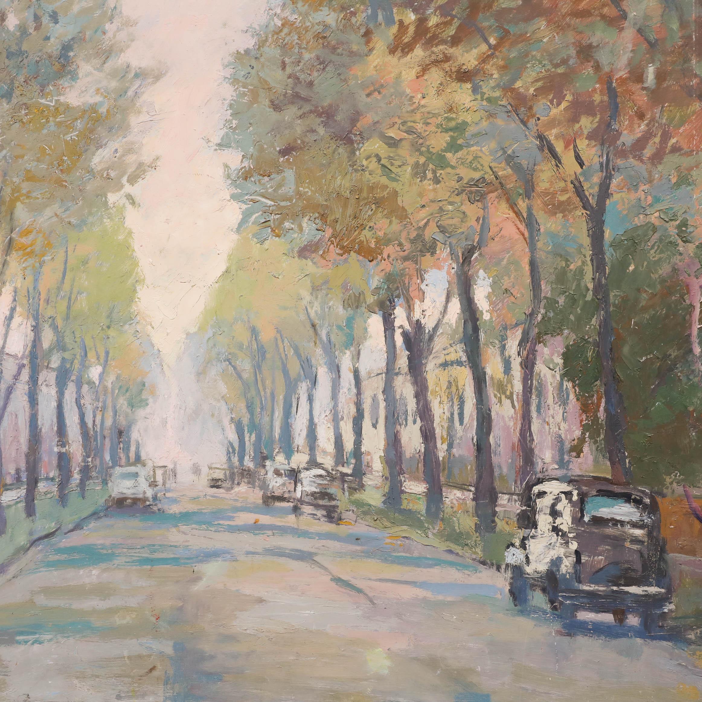 Simon Goldberg (1916-2002) - 20e siècle, huile, jupes roses dans la Suburbia en vente 2