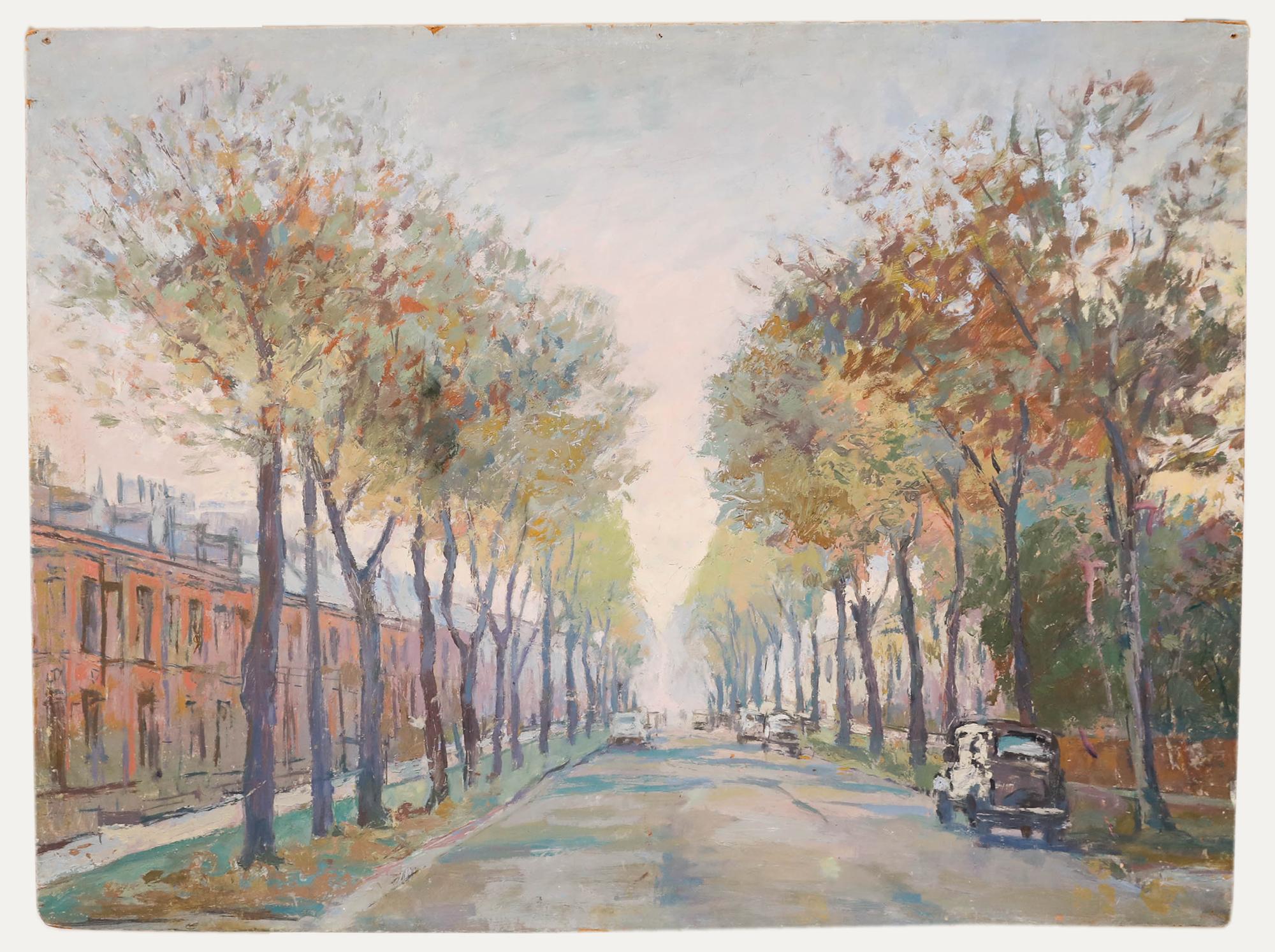 Simon Goldberg (1916-2002) - Ölgemälde, Rosa Himmel in Suburbia, 20. Jahrhundert