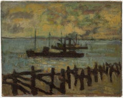 Simon Goldberg (1916-2002) - Mid 20th Century Oil, Steamers in the Harbour
