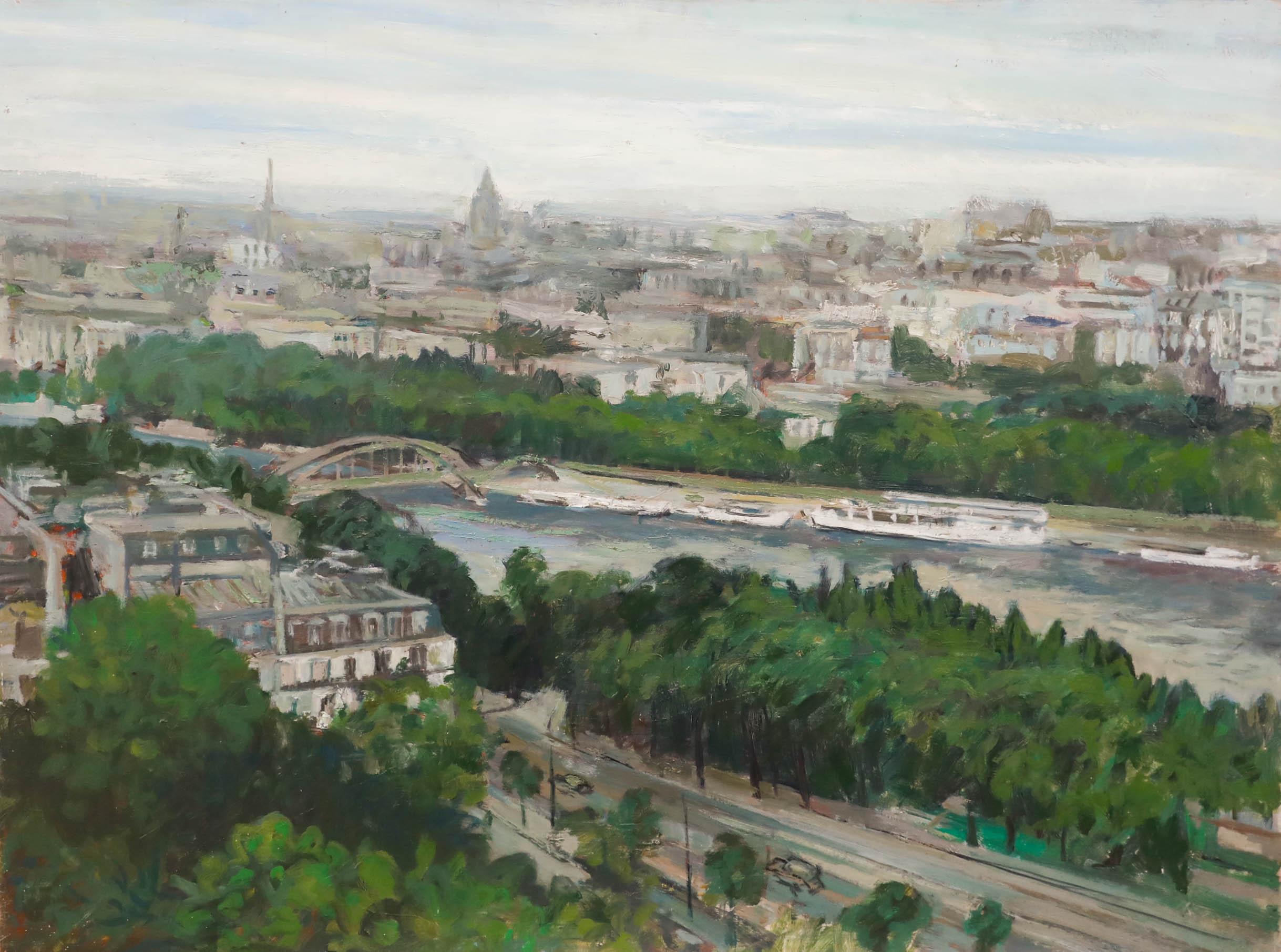 Simon Goldberg (1916-2002) - Huile du milieu du 20e siècle, vue de la Tour Eiffel en vente 3