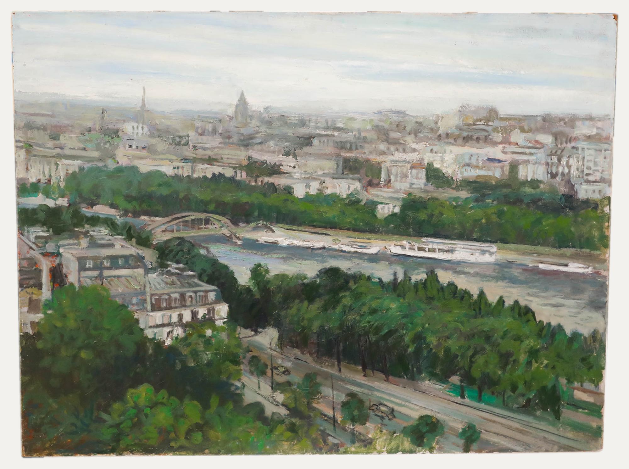 Un vaste paysage parisien capturé en hauteur depuis la Tour Eiffel. Non signée. Acquis dans le cadre d'une collection avec d'autres œuvres signées de l'artiste. A bord.
