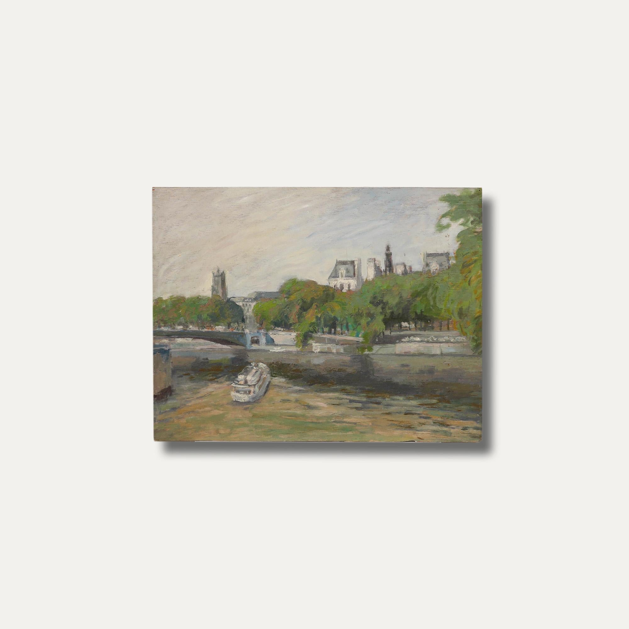 Simon Goldberg (1916-2002) - Olio della metà del XX secolo, Veduta della Senna in vendita 4