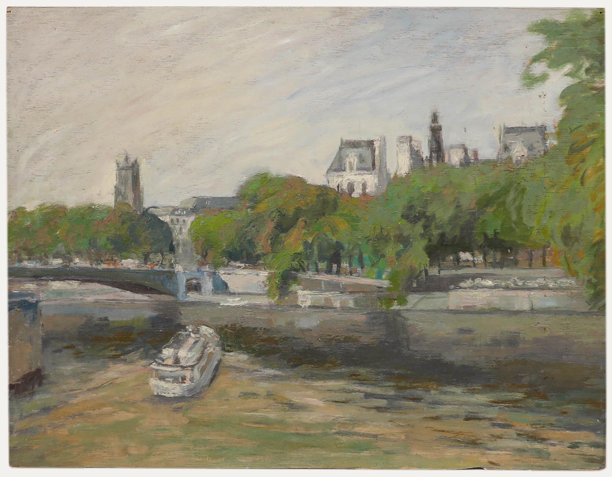 Un'incantevole vista della Senna a Parigi in una giornata estiva. Senza segno. Acquisito con una collezione di opere dell'artista, molte delle quali firmate. A bordo. 