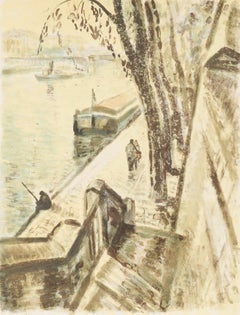 Simon Goldberg (1913-1985)- Litografia della metà del 20° secolo, Una passeggiata lungo il molo