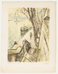 Simon Goldberg (1913-1985)- Litografia della metà del 20° secolo, Una passeggiata lungo il molo