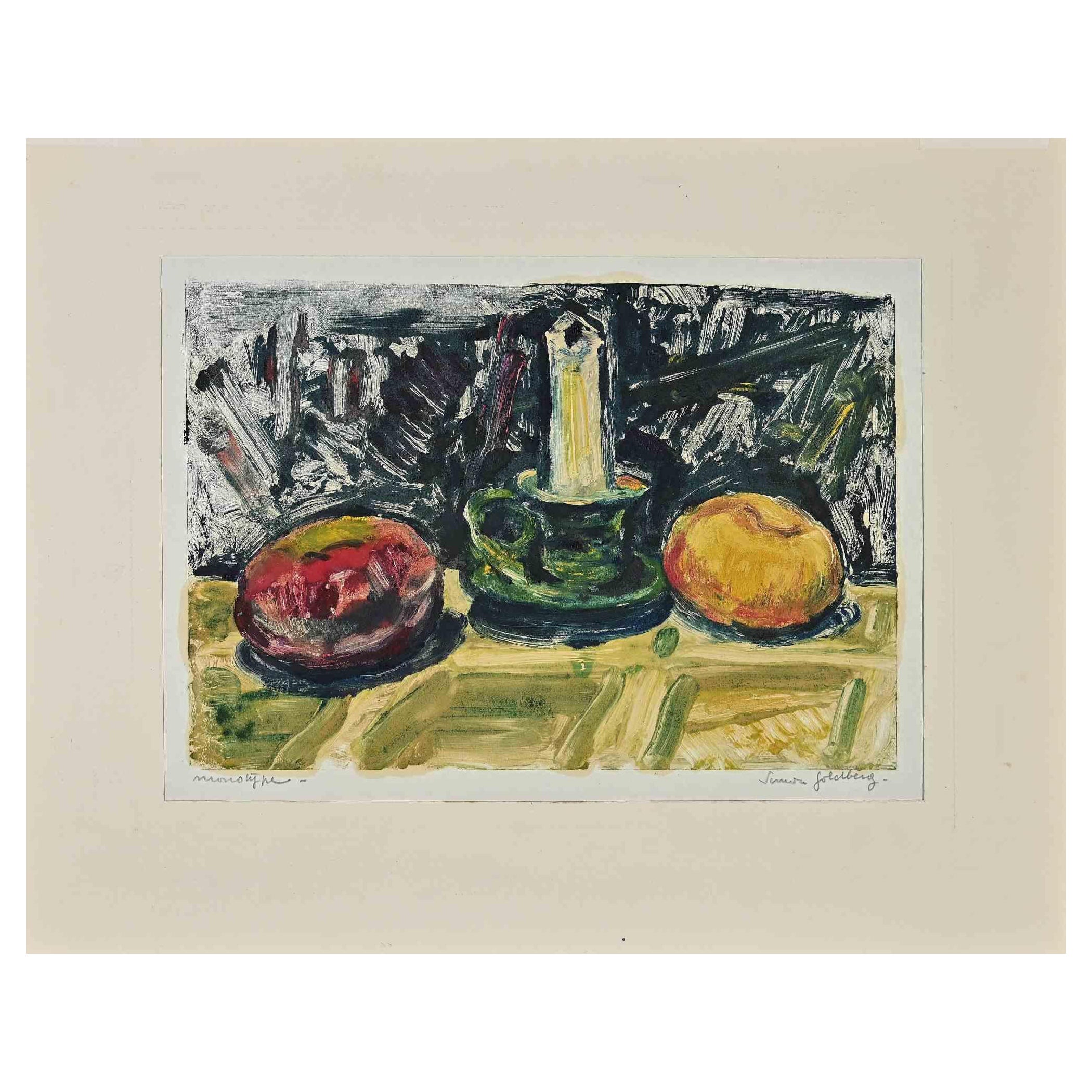 Still Life è un monotipo originale realizzato da Simon Goldberg (1916-2002).

Buono stato su carta ingiallita, incluso un passpartout in cartone (31x39 cm).

Firmato a mano dall'artista in basso a destra.

Simon Goldberg era un pittore, stampatore e