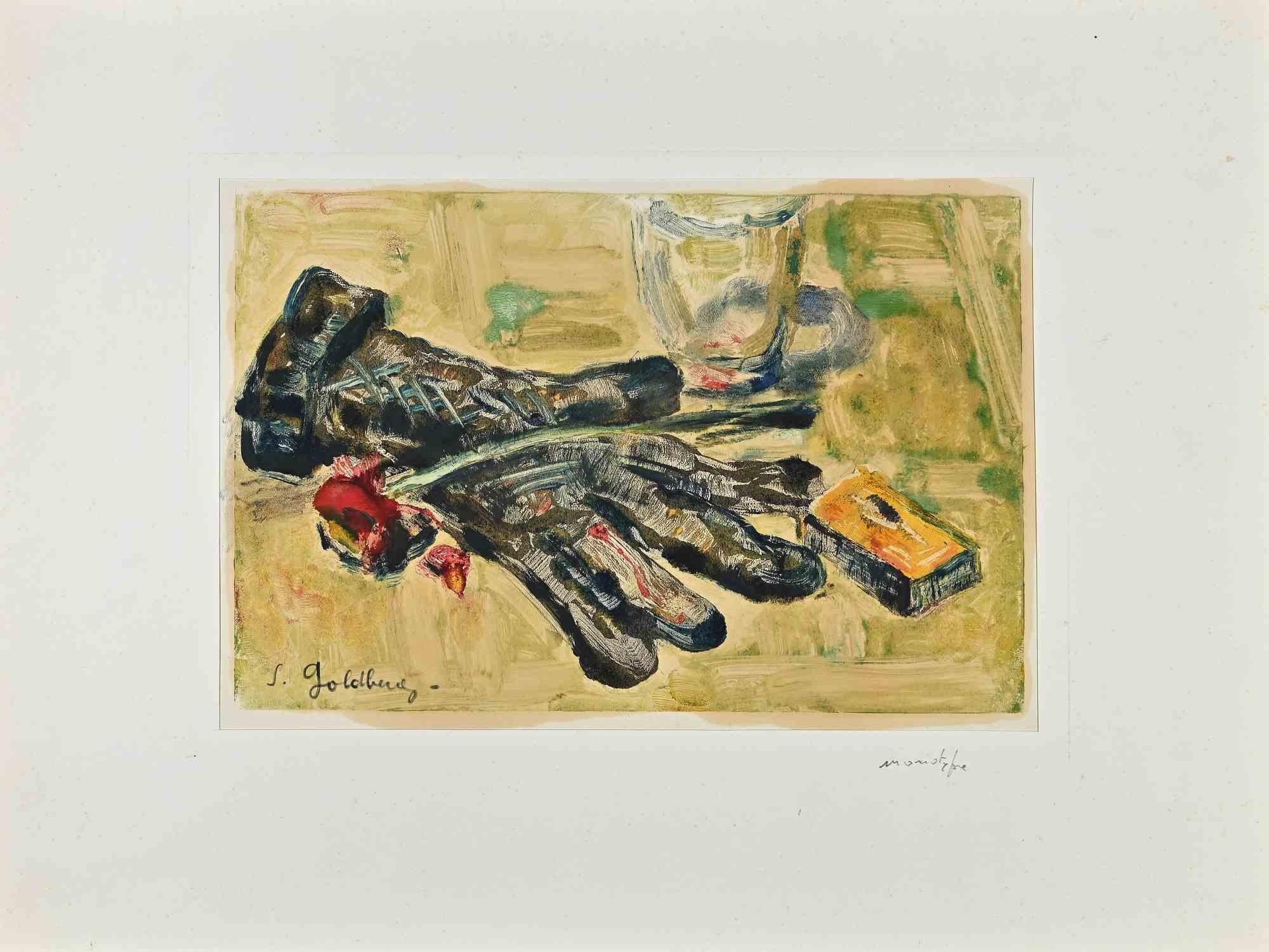 Stillleben mit Handschuh ist ein Monotypie-Druck von Simon Goldberg (1916-2002).

Guter Zustand auf vergilbtem Papier, mit einem Passepartout aus Karton (32x43 cm).

Handsigniert vom Künstler in der linken unteren Ecke.

Simon Goldberg war ein