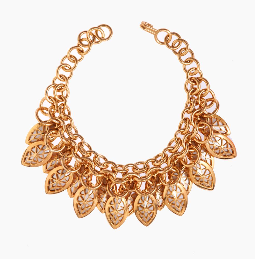 The magnificent Swarovski stones sparked off the design of these pieces. Bespoke stone settings were created, with lattice work details on the back. Each setting hangs majestically from the handmade chainmail links. A pageantry of refracted light