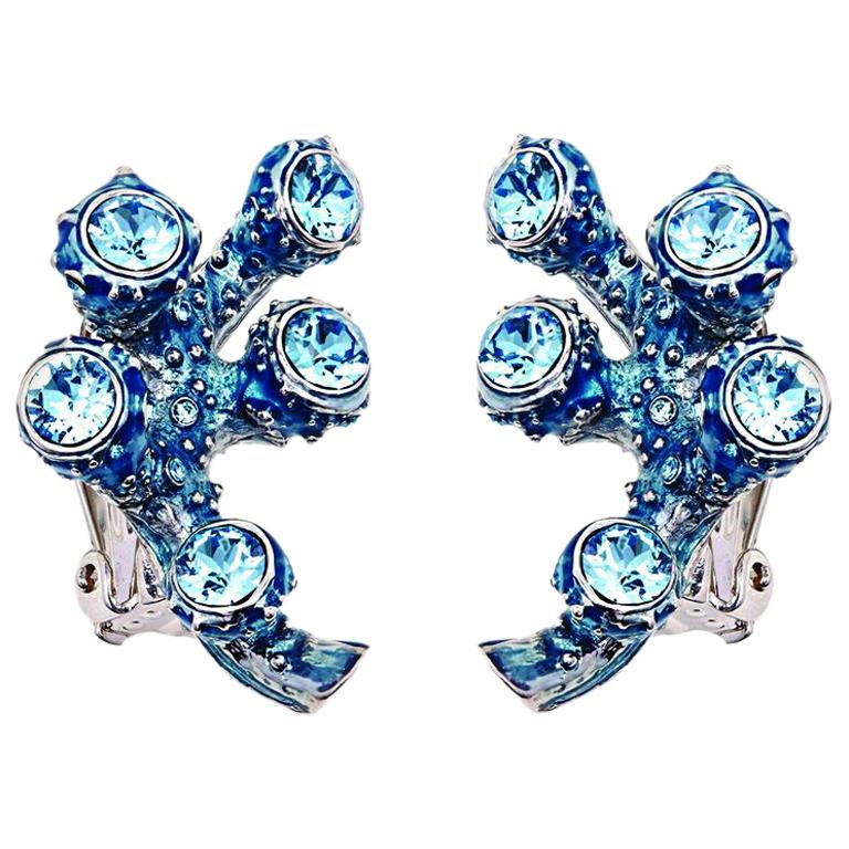 Simon Harrison Blue Coral Crystal and Enamel Cluster Earring For Sale