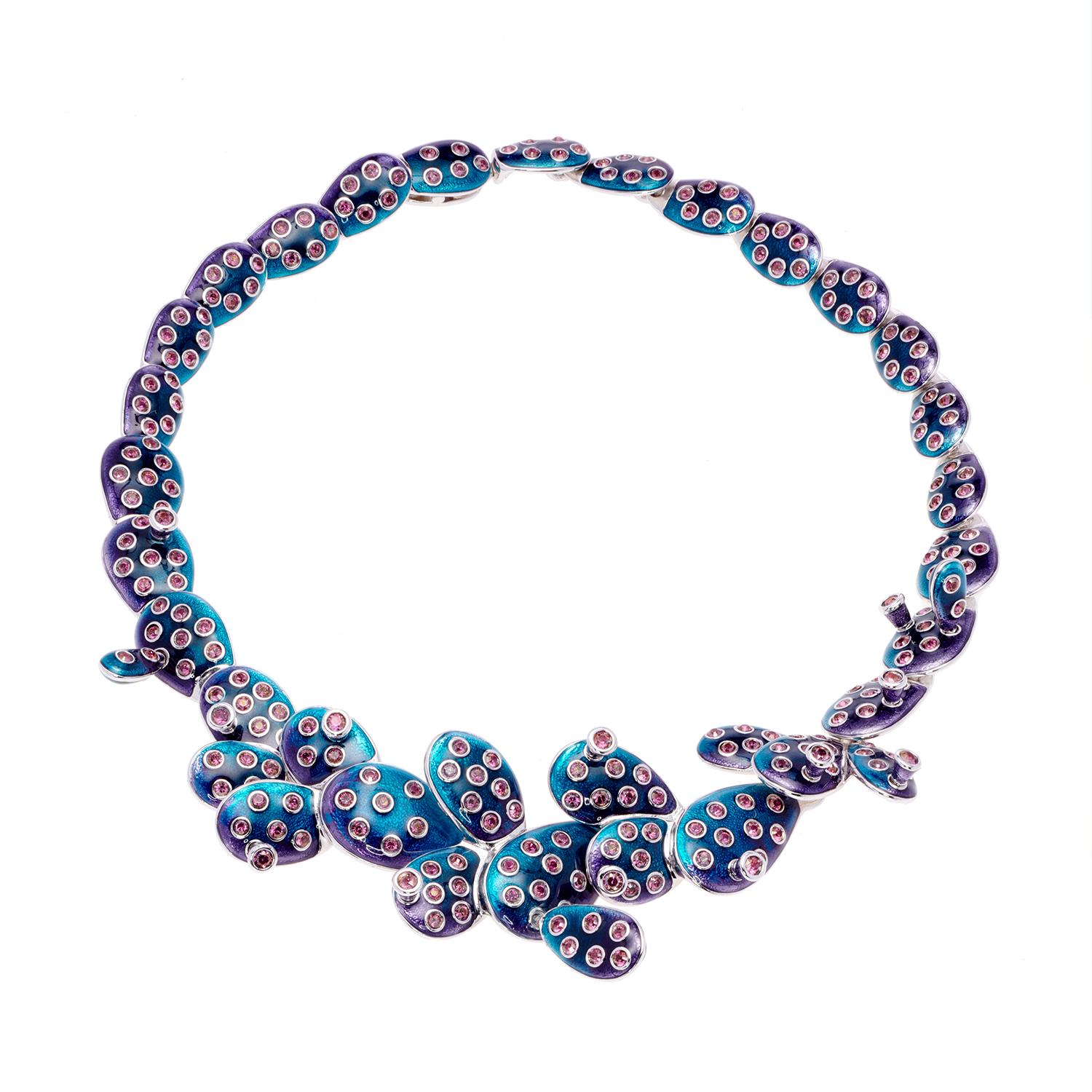 Contemporary Simon Harrison Blue Ombre Enamel Frida Kahlo Cactus Necklace For Sale