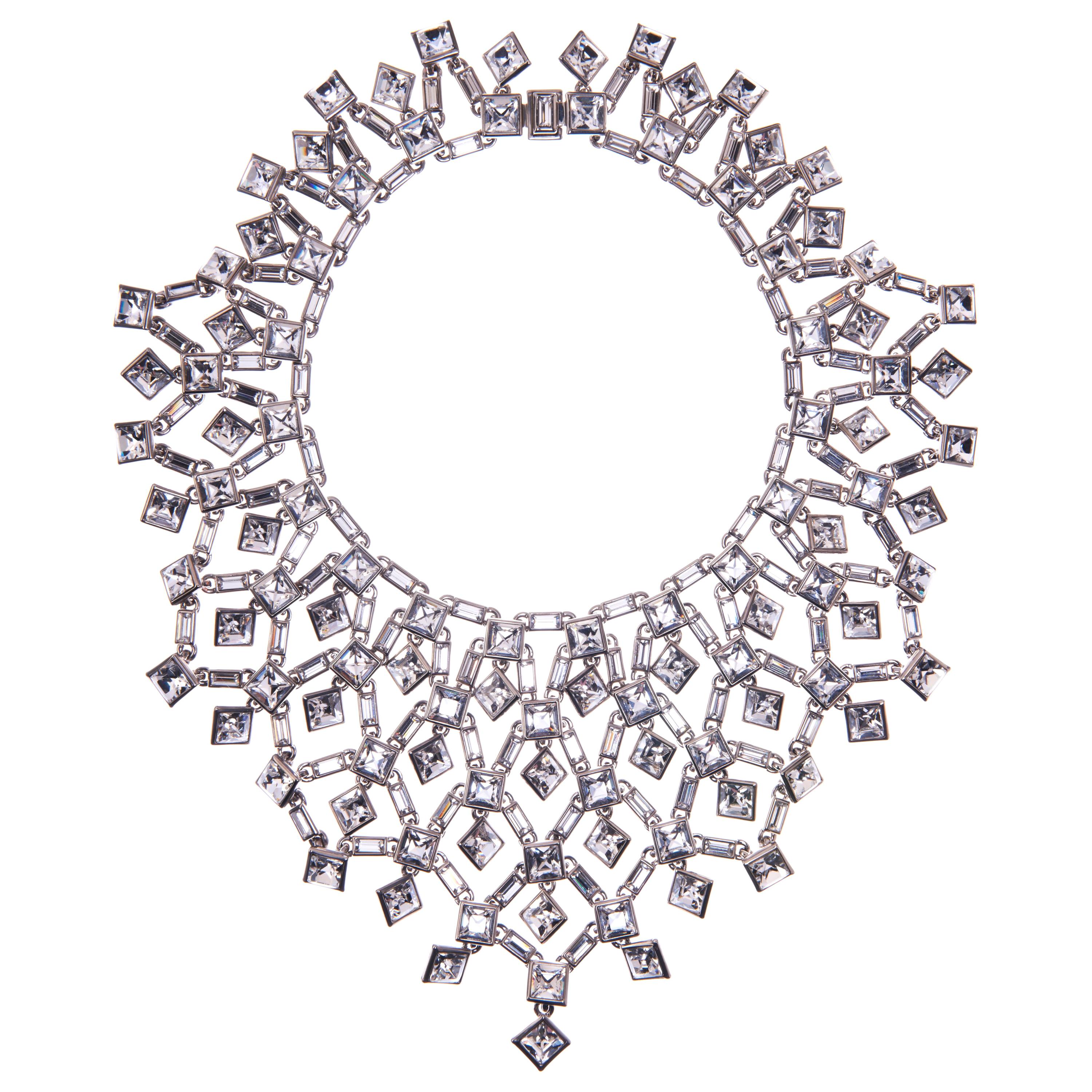 Simon Harrison Claudette Clear Square & Baguette Crystal Cluster Large Necklace For Sale