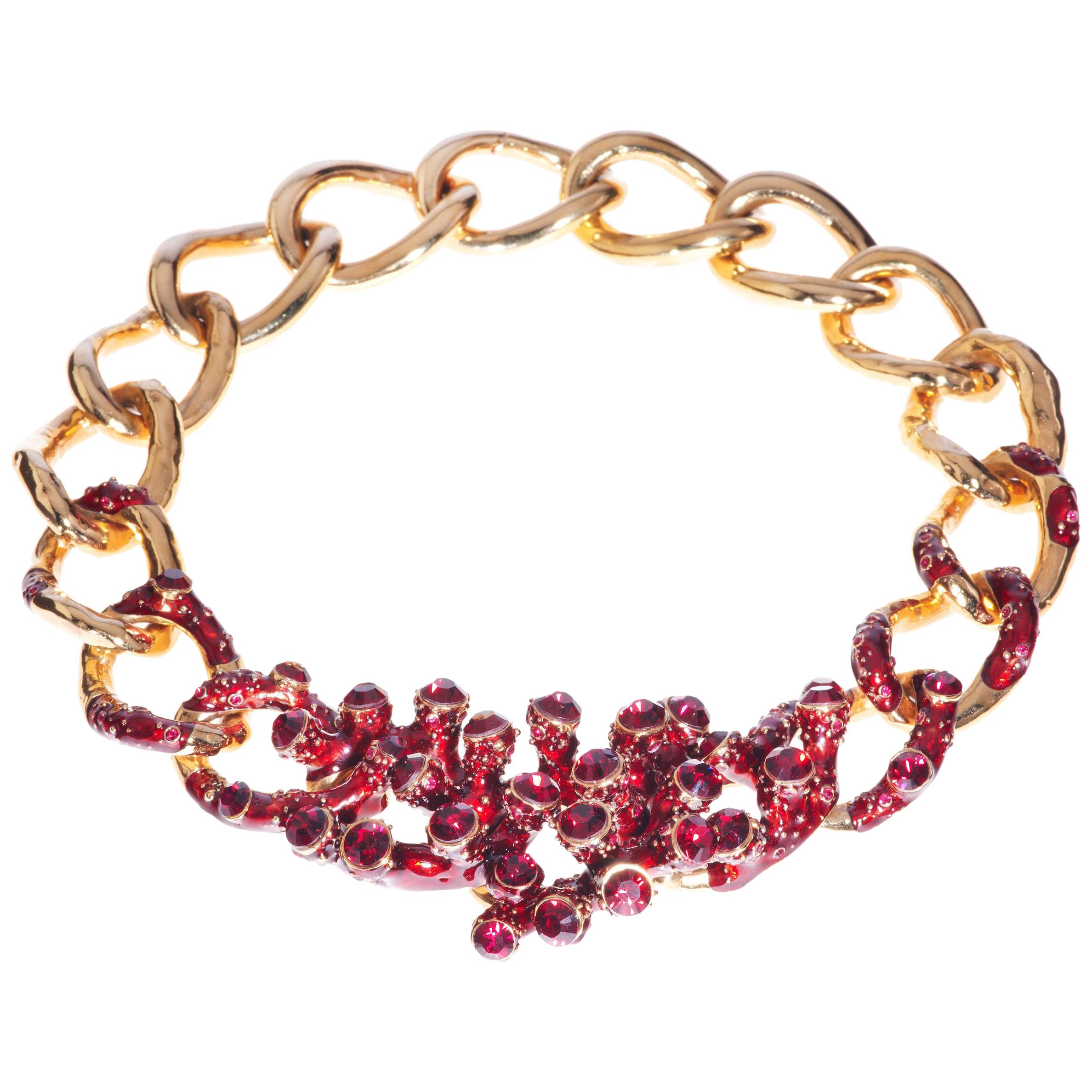 Simon Harrison Coral Red Enamel & Crystal Chain Necklace (Zeitgenössisch) im Angebot