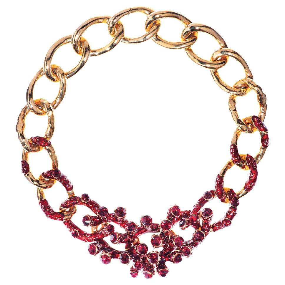 Simon Harrison Coral Red Enamel & Crystal Chain Necklace For Sale