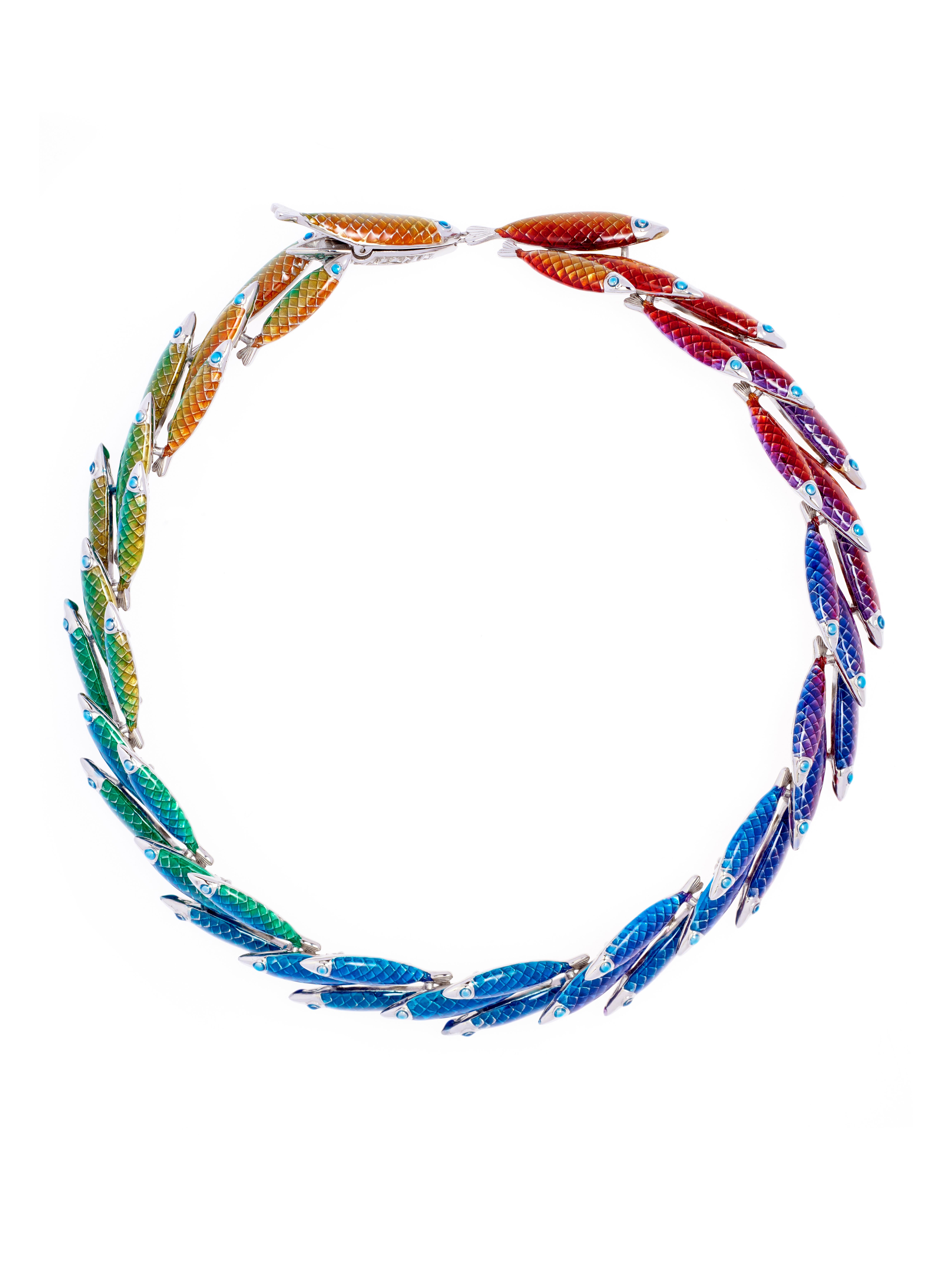 Contemporary Simon Harrison Electra Rainbow Enamel Fish Necklace For Sale