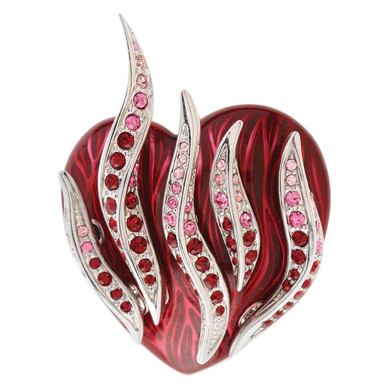 Simon Harrison Flaming Heart Enamel and Crystal Brooch For Sale