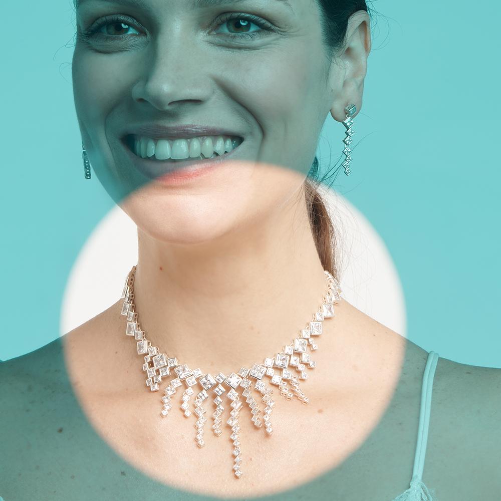 The Icicle necklace features delicate silver settings carefully articulated to encourage movement and accentuate the sparkle of the Swarovski® stones. The necklace fastener is cleverly constructed, concealed and secure, but easy to put on and take