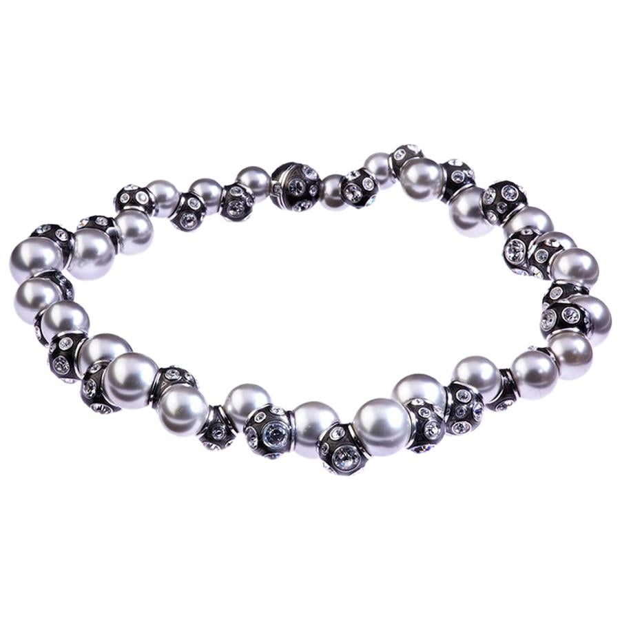 Simon Harrison Valent Pearl And Crystal Set Black Enamel Bead Necklace For Sale