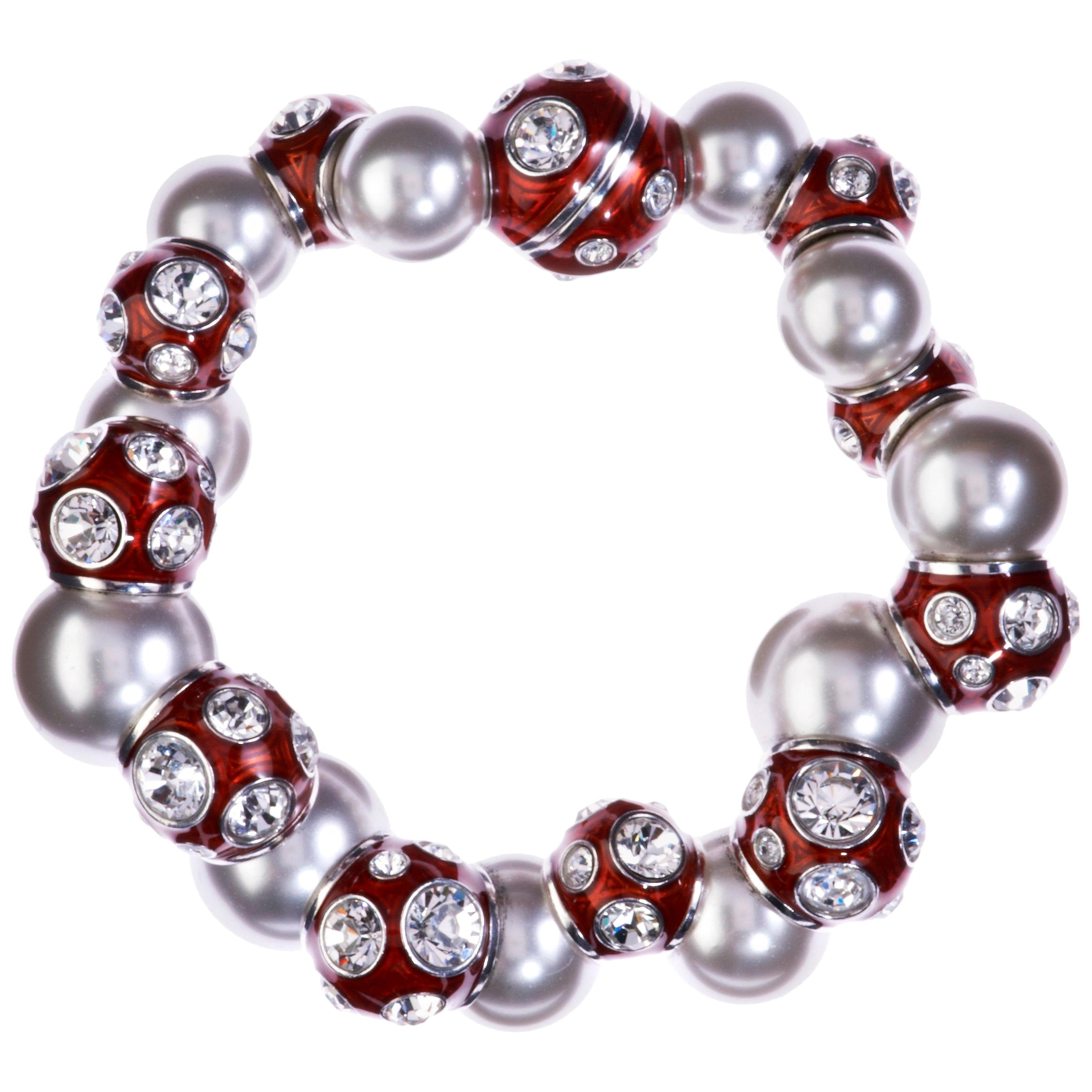 Simon Harrison Valent Pearl And Crystal Set Red Enamel Bead Bracelet For Sale at 1stDibs