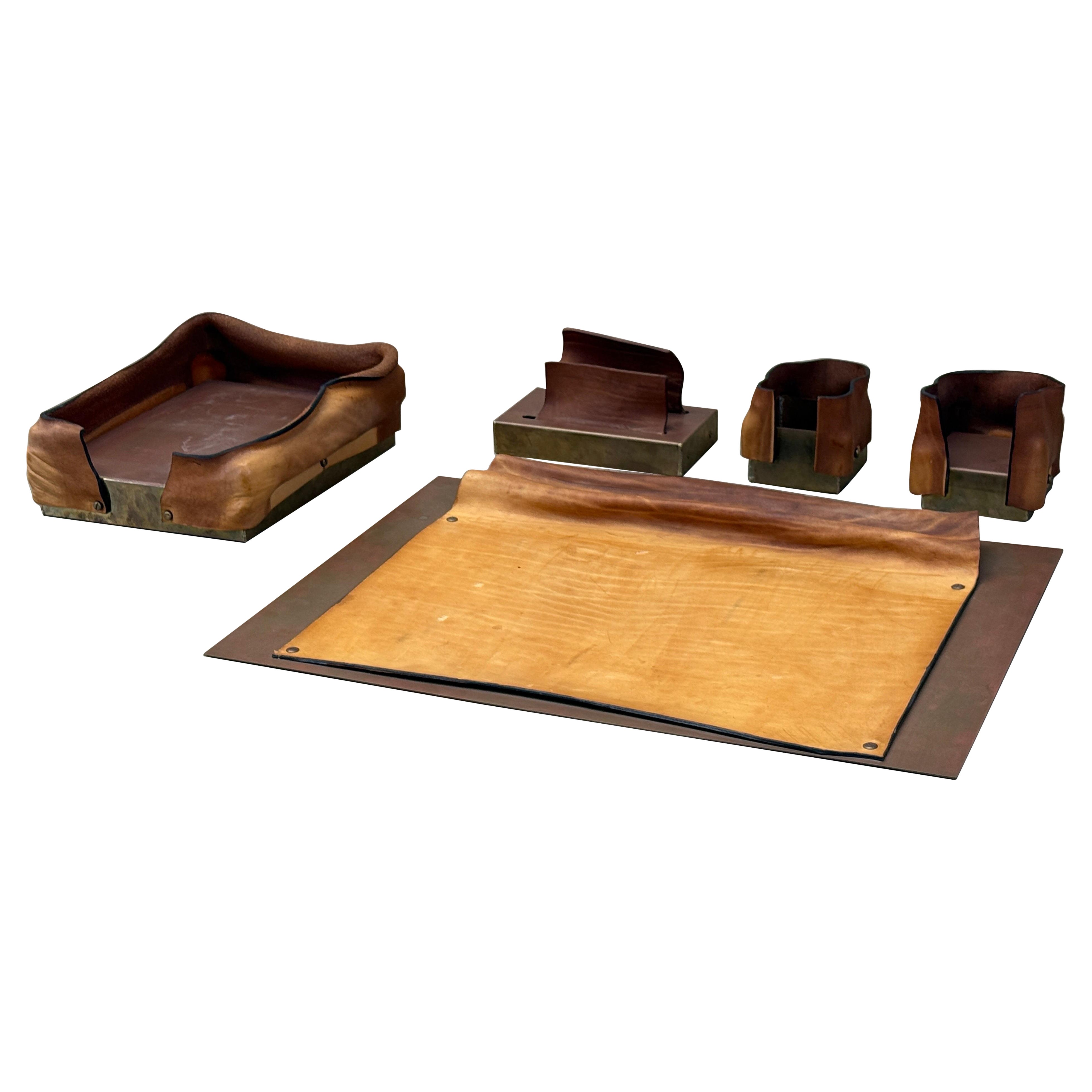 Simon Hasan Leather and Brass Desk Set in vendita