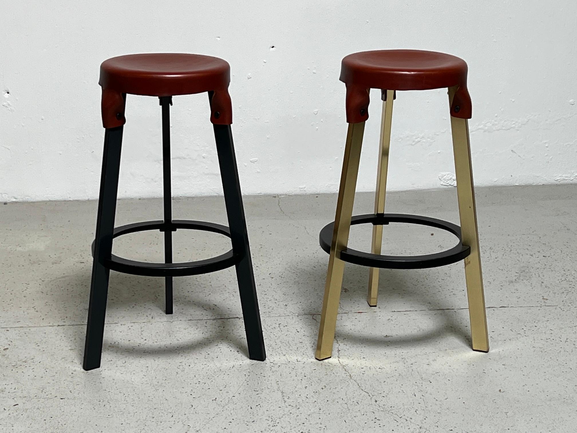 Simon Hasan Leather Top Bar Stools In Good Condition For Sale In Dallas, TX