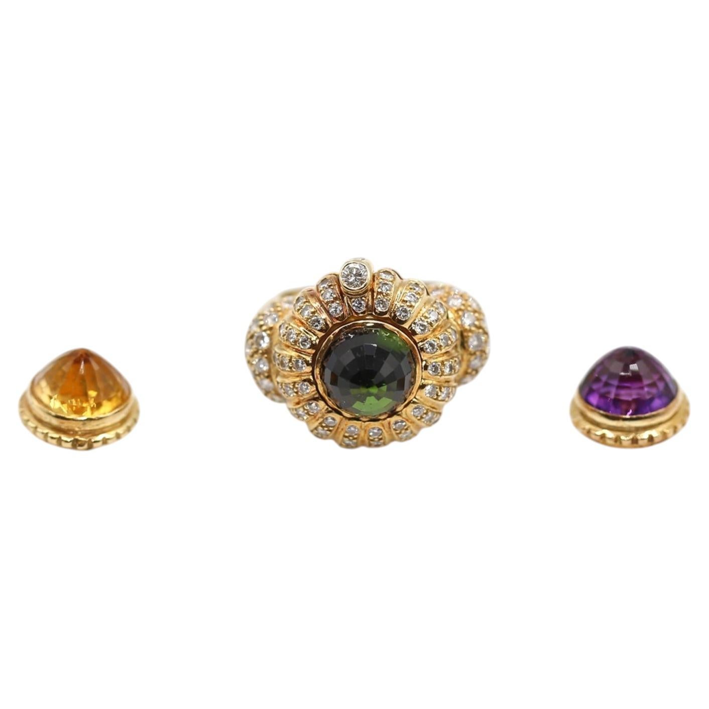 Simon & Igal Interchangeable Tourmaline, Citrine, Amethyst, Diamond Ring 18K For Sale