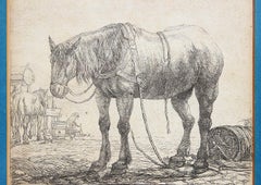 17th Century Realistic Animal Etching Print of a Horse on a Farm