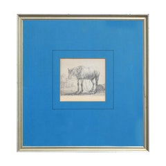 Antique 17th Century Realistic Animal Etching Print of a Horse on a Farm