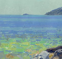 A Boat at Noon, Serene Landscape Painting, Oil on Canvas, 18x38.5 cm