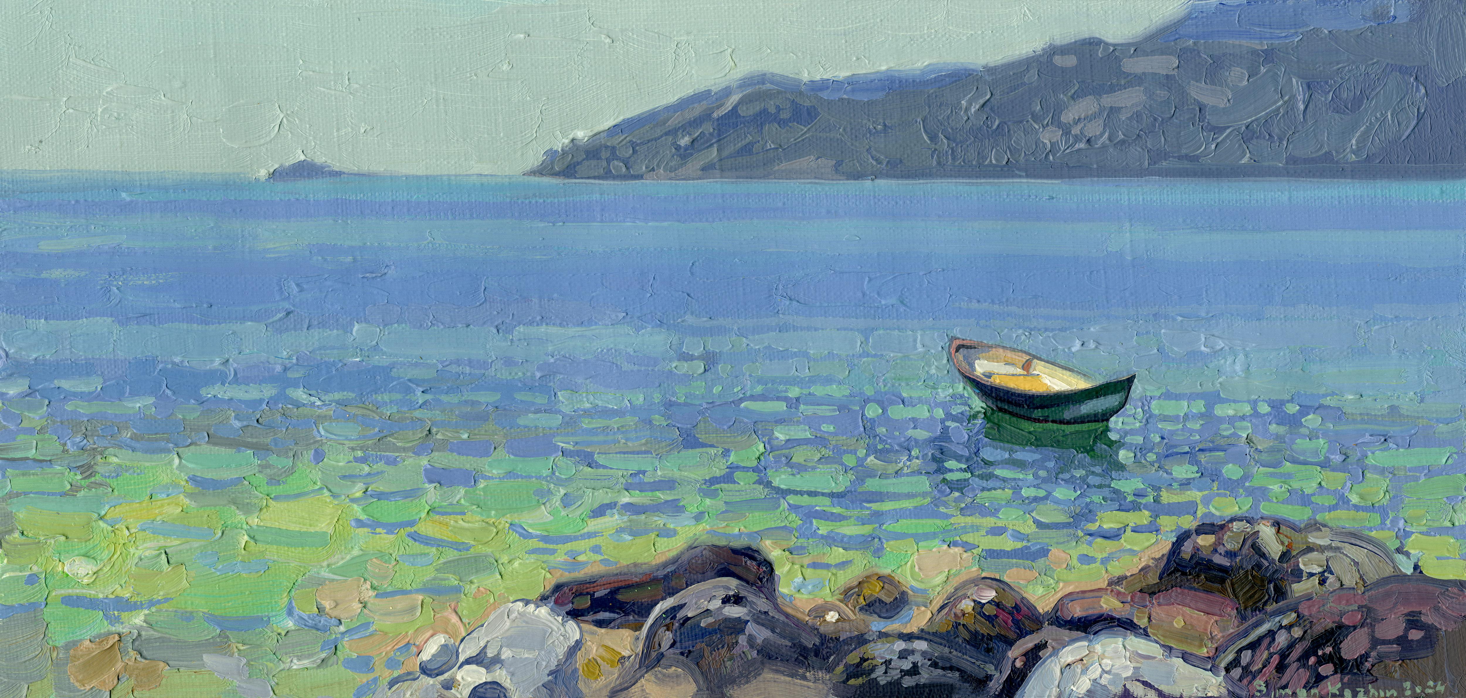 A Boat at Noon, Serene Landscape Painting, Oil on Canvas, 18x38.5 cm