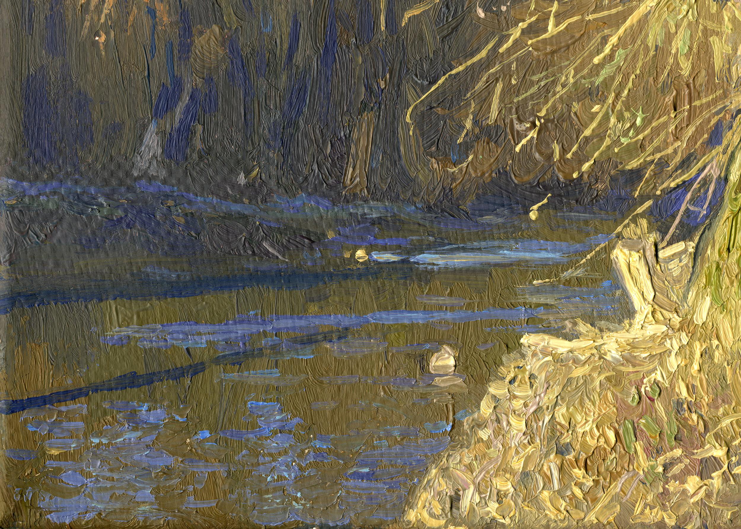A broken tree near the Likhoborka River - Brown Landscape Painting by Simon Kozhin