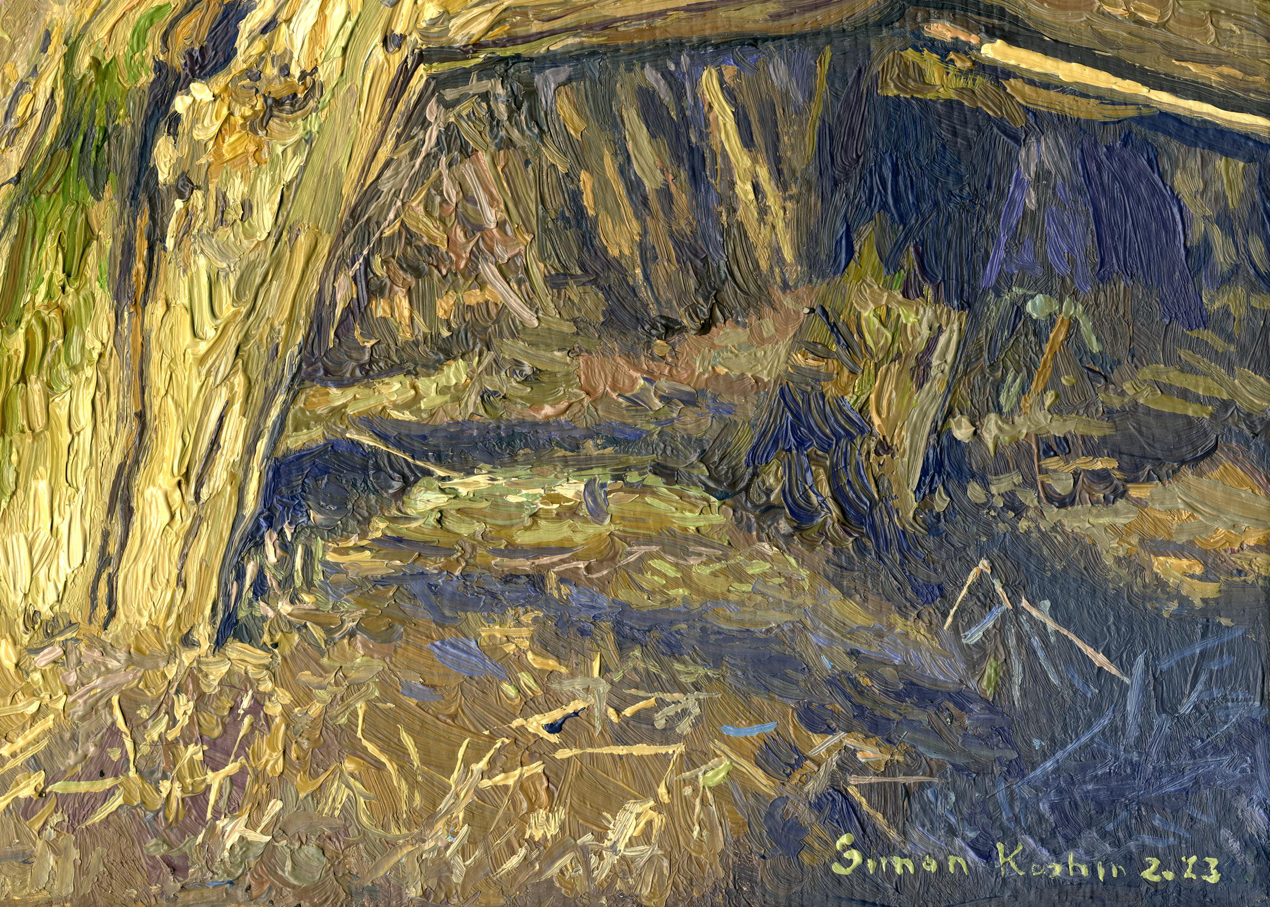  This naturalistic study vividly captures the serene view of early spring on the quiet bank of the Likhoborka River in the Botanical Garden. The prominent focus is a gnarled, fallen tree whose rough texture is rendered with meticulous detail,