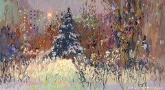 Un abete su un viale d'inverno di notte, Impressionista, Pittura, 15,4 x 27,7 cm