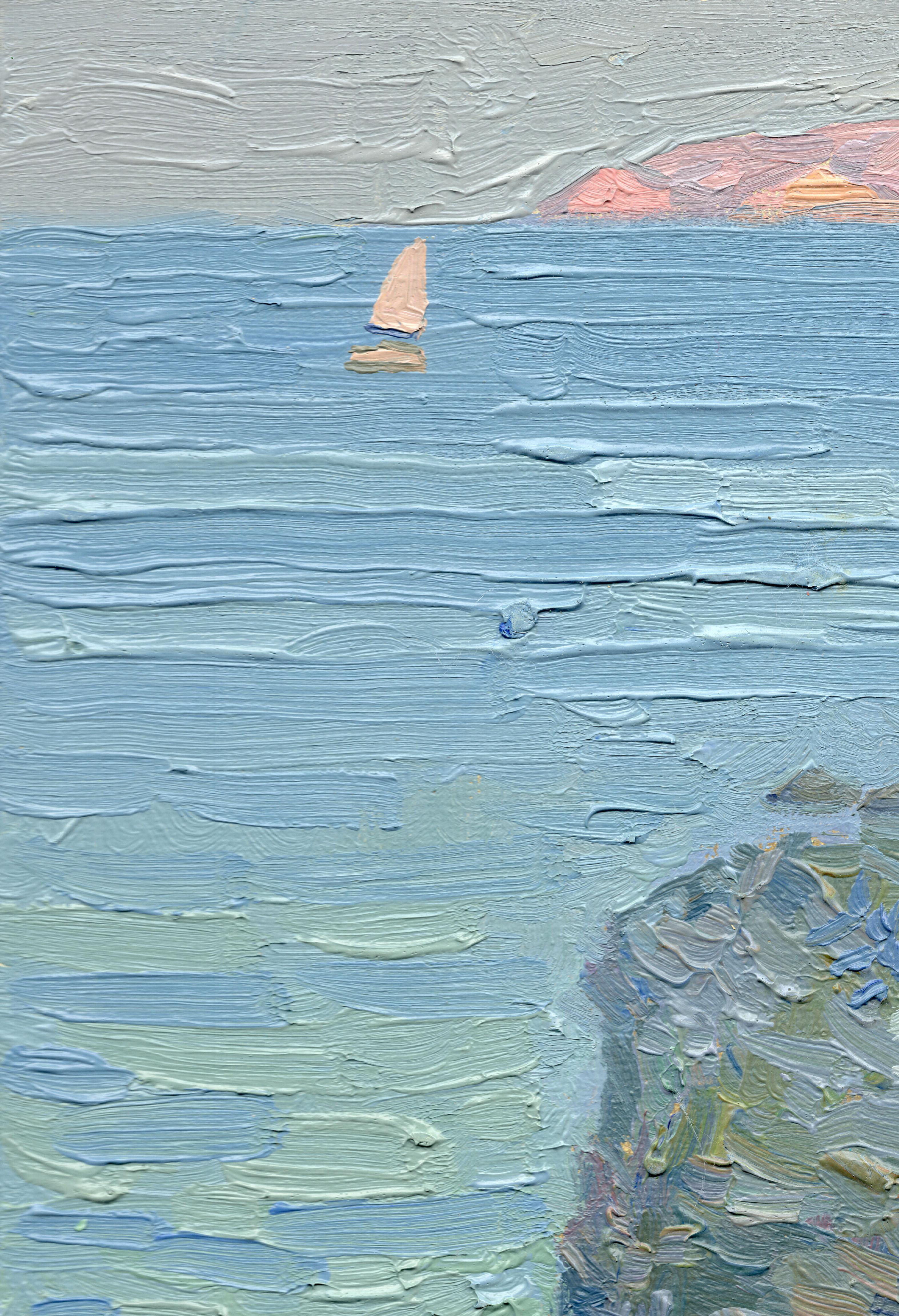 Una vela bianca e solitaria brilla. Bali. Creta. Grecia - Painting di Simon Kozhin