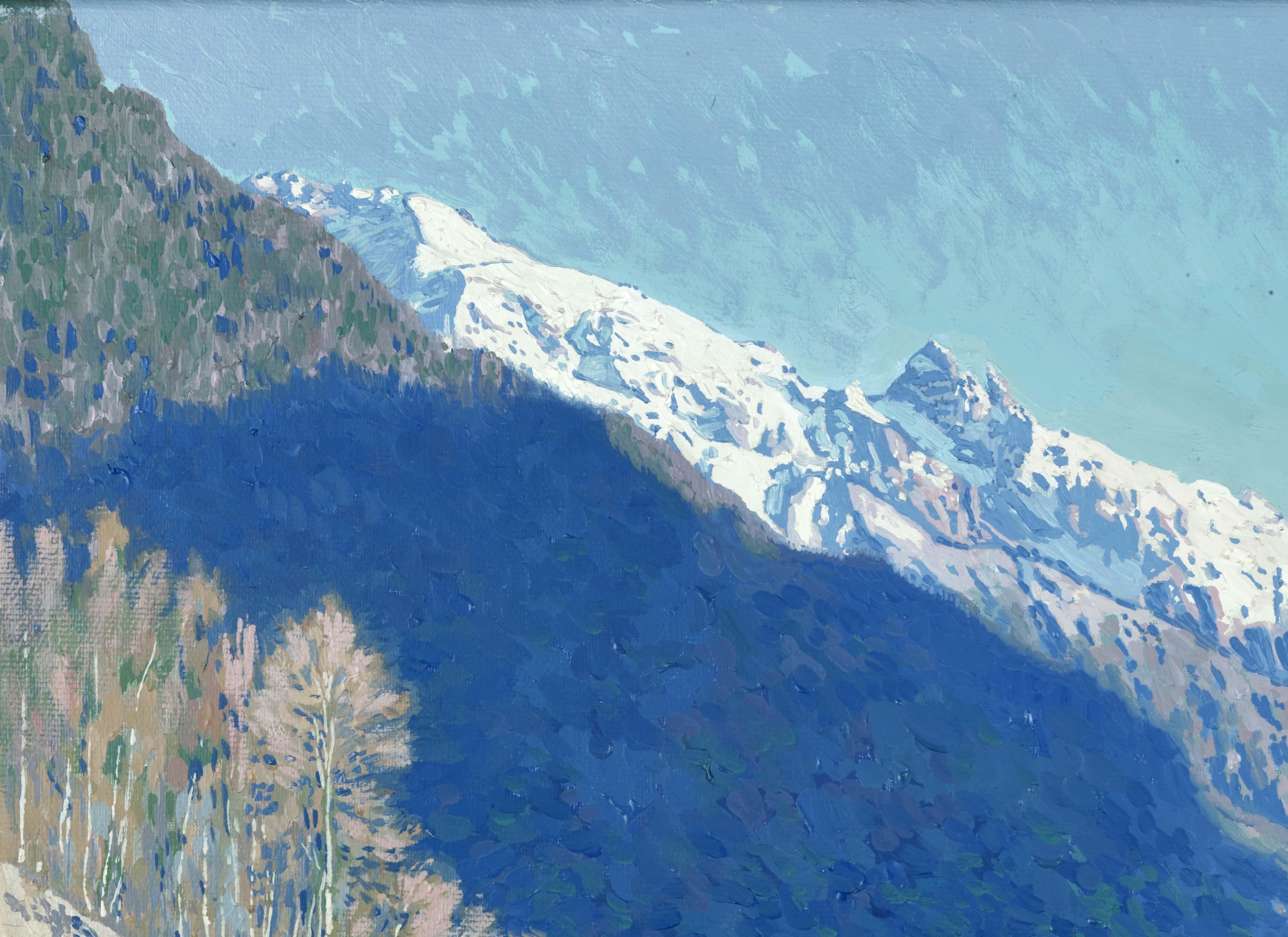 Una vista del río Teberda y Dombay - Painting de Simon Kozhin