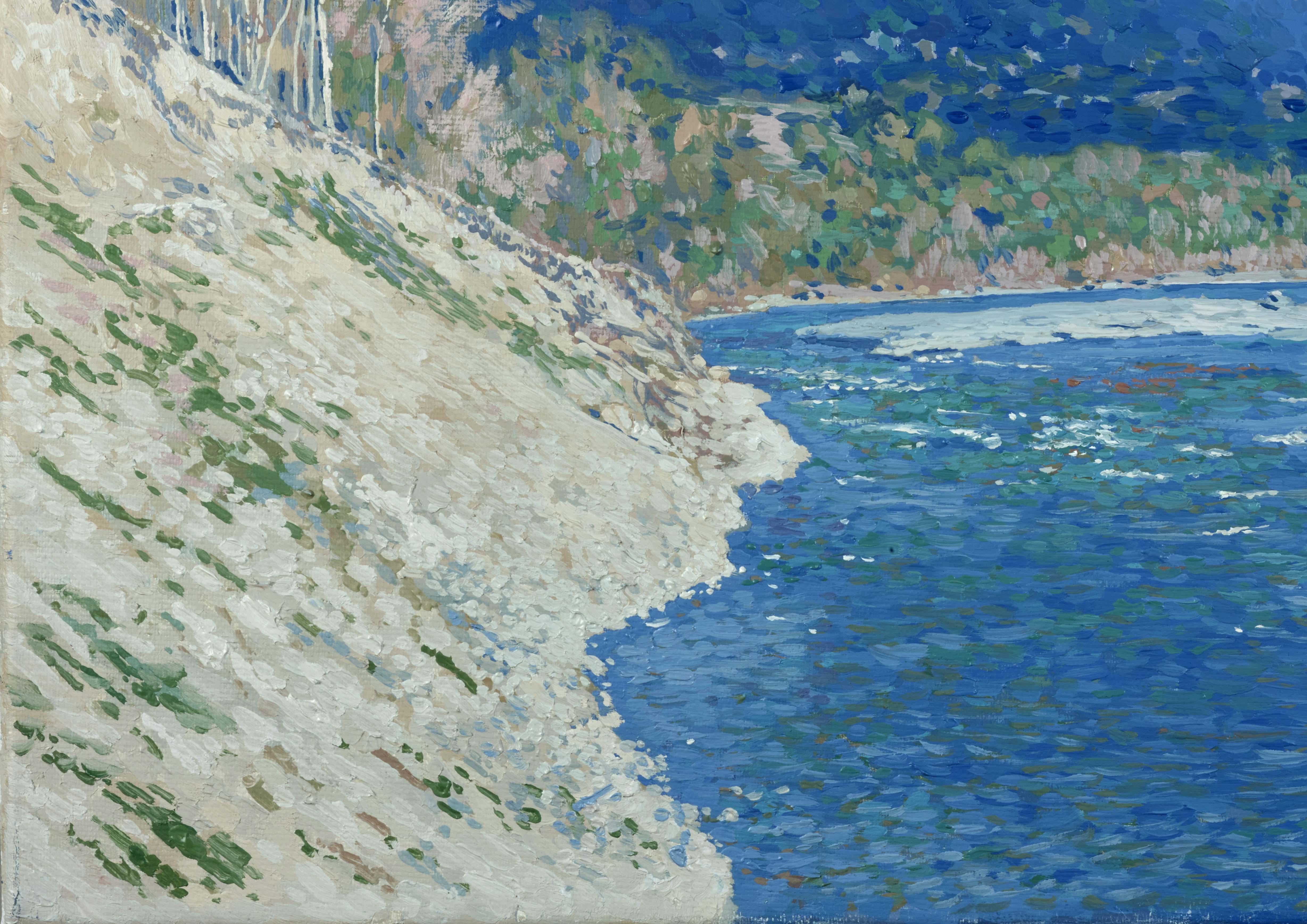 Una vista del río Teberda y Dombay - Painting Impresionista de Simon Kozhin